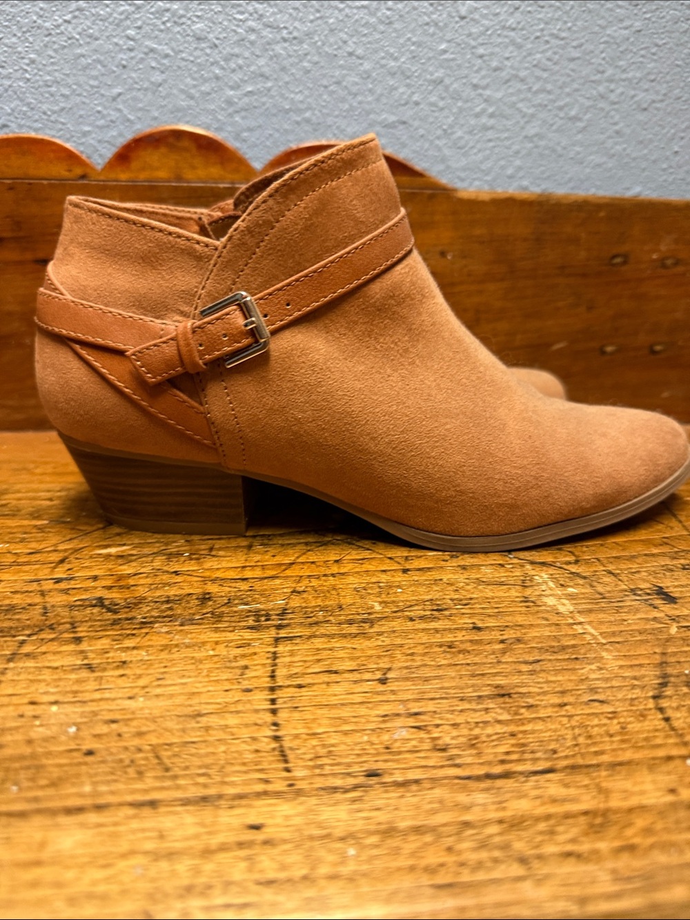 Women's Suede Ankle Booties with Side Buckle in Rust Tan